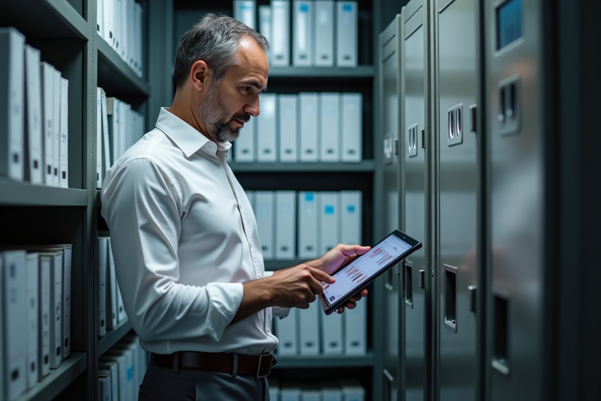 Homme vérifiant des données dans une salle d