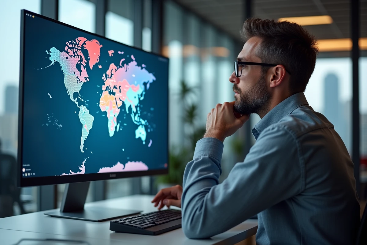 Homme concentré devant un écran affichant une carte interactive des capitales du monde dans un bureau moderne