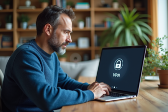 Homme d'âge moyen en pull bleu travaillant à domicile