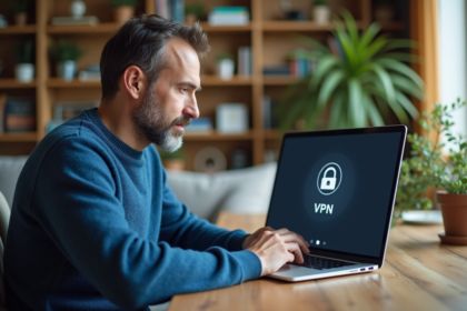 Homme d'âge moyen en pull bleu travaillant à domicile