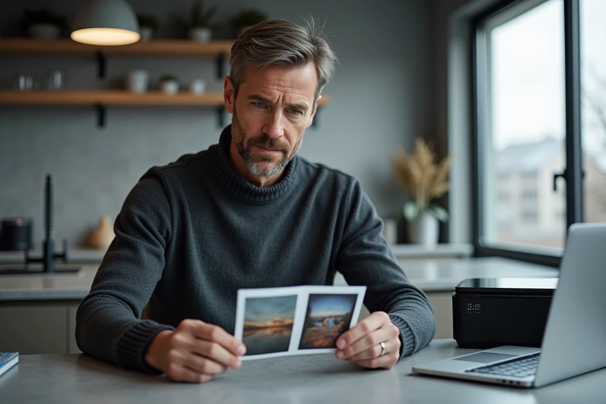 Homme comparant deux photos imprimées posées sur une table de cuisine moderne avec une imprimante photo et un ordinateur portable