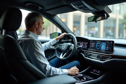 Homme d'âge moyen dans une voiture autonome moderne