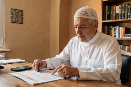 Homme consultant un horaire de prière imprimé et une application mobile à Toulouse, comparant les calculs islamiques