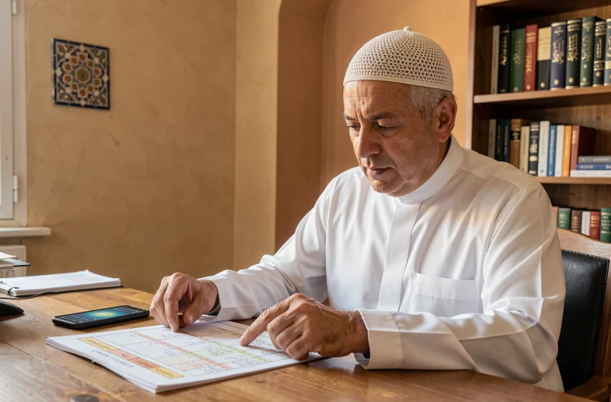 Homme consultant un horaire de prière imprimé et une application mobile à Toulouse, comparant les calculs islamiques