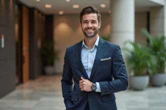 Jeune homme en costume navy ajustant sa montre dans un bureau