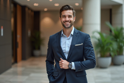 Jeune homme en costume navy ajustant sa montre dans un bureau