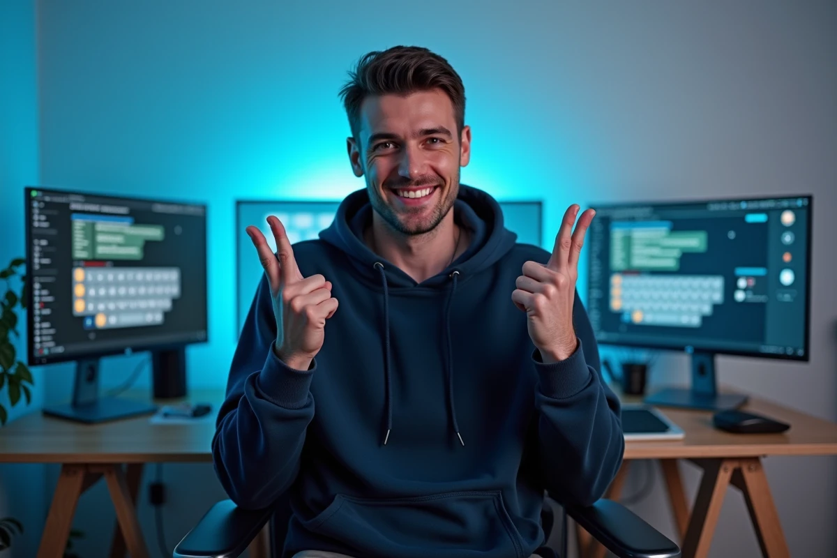 Homme croisant les doigts devant des écrans affichant des claviers emoji sur TikTok et WhatsApp dans un bureau à domicile moderne