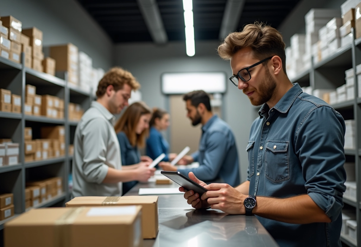 Homme en ville utilisant une tablette pour expédier