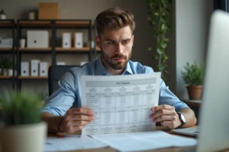 Homme étudiant une grille de salaire au bureau