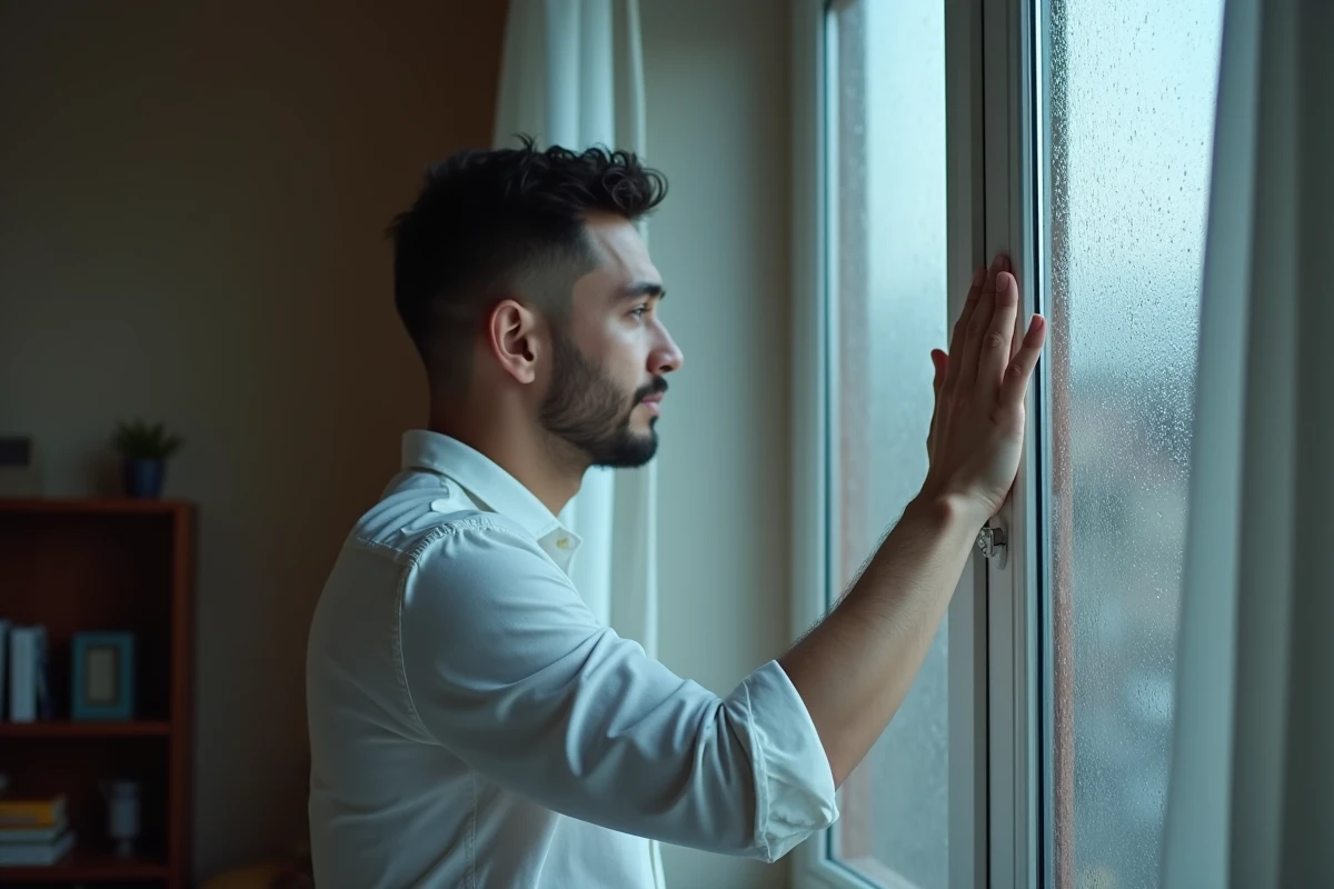 Homme debout près d'une fenêtre pluvieuse, regard perdu, illustrant la souffrance de l'amour à sens unique
