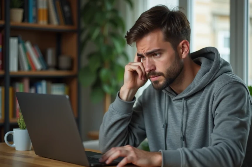 Homme frustré devant un écran d'ordinateur affichant une erreur de site web introuvable