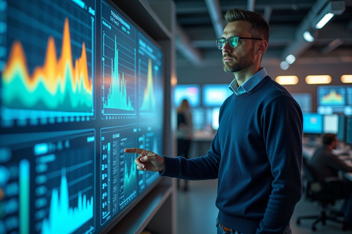 Homme avec affichage interactif de graphiques colorés
