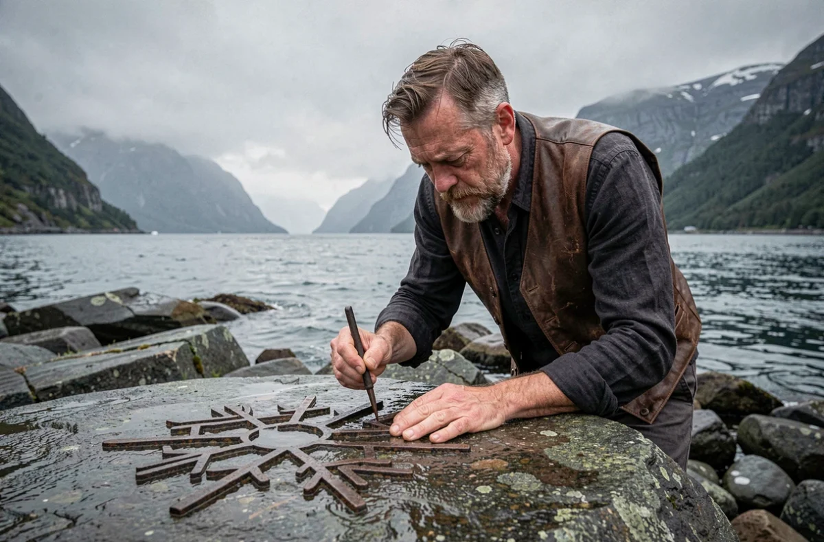 Homme gravant un symbole Vegvisir sur un rocher côtier en Norvège, pratique de spiritualité nordique traditionnelle