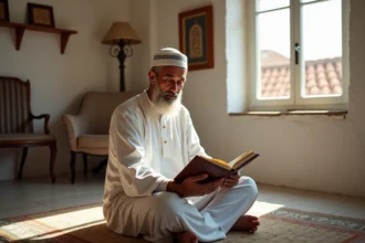 Homme en djellaba consultant un horaire de prière imprimé à Béziers