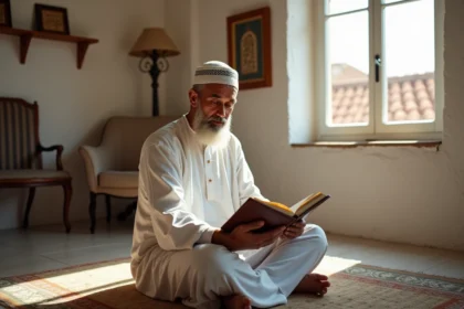 Homme en djellaba consultant un horaire de prière imprimé à Béziers