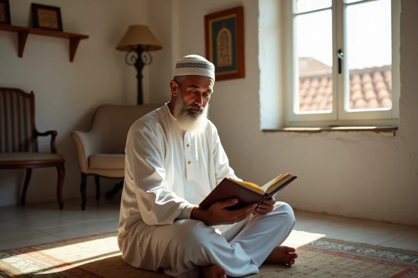 Homme en djellaba consultant un horaire de prière imprimé à Béziers