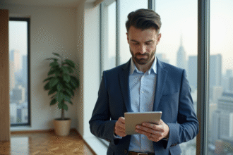 Homme d'affaires avec tablette dans un appartement moderne