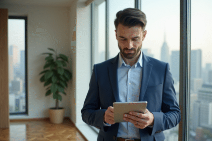 Homme d'affaires avec tablette dans un appartement moderne