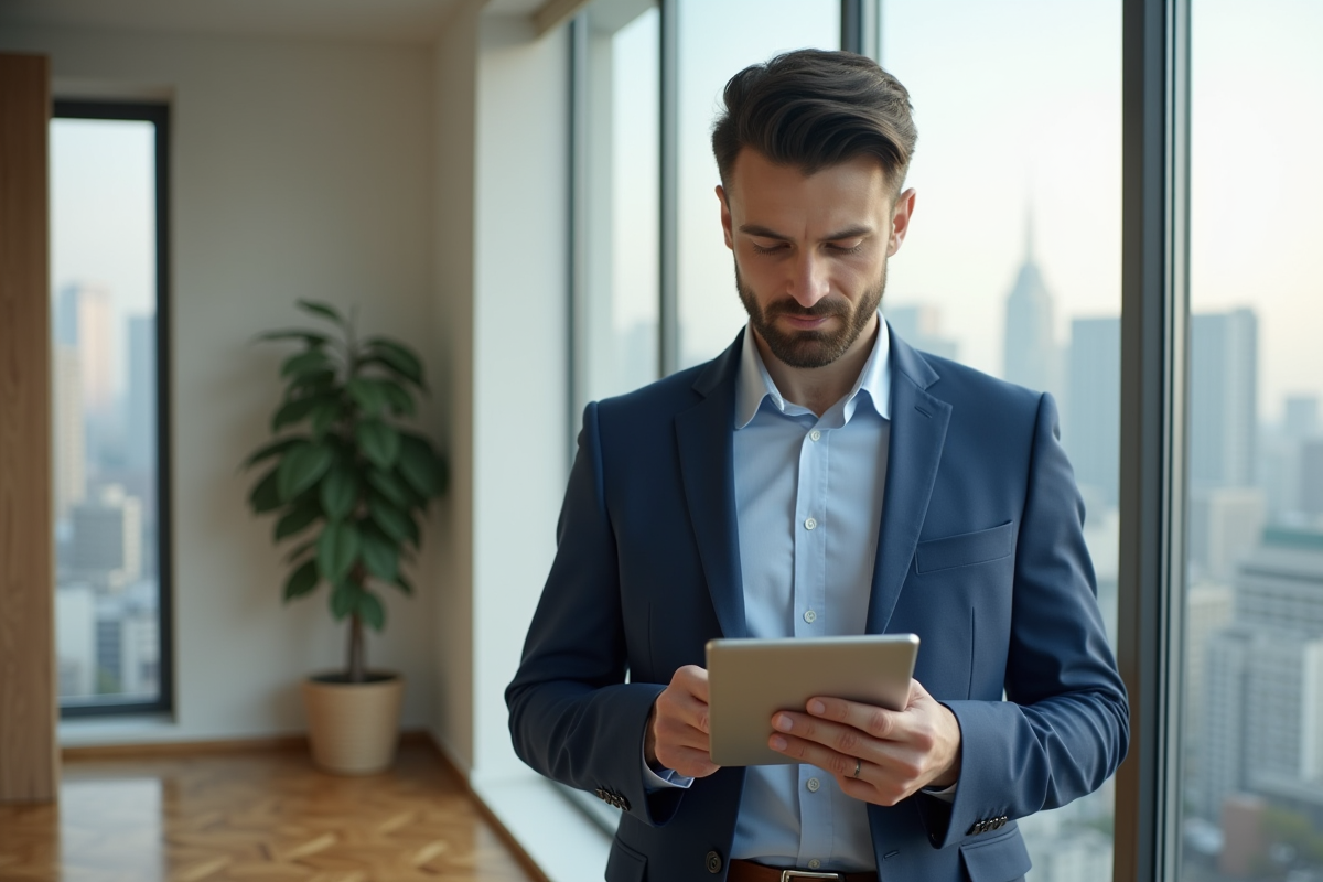 Homme d'affaires avec tablette dans un appartement moderne