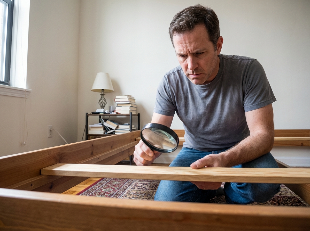 Homme vérifiant une lattes de lit avec une loupe dans une chambre urbaine