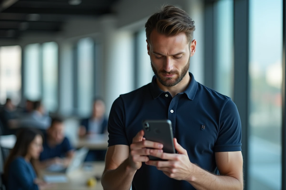 Homme en bureau tenant un iPhone et consultant un site web depuis une application mobile iOS
