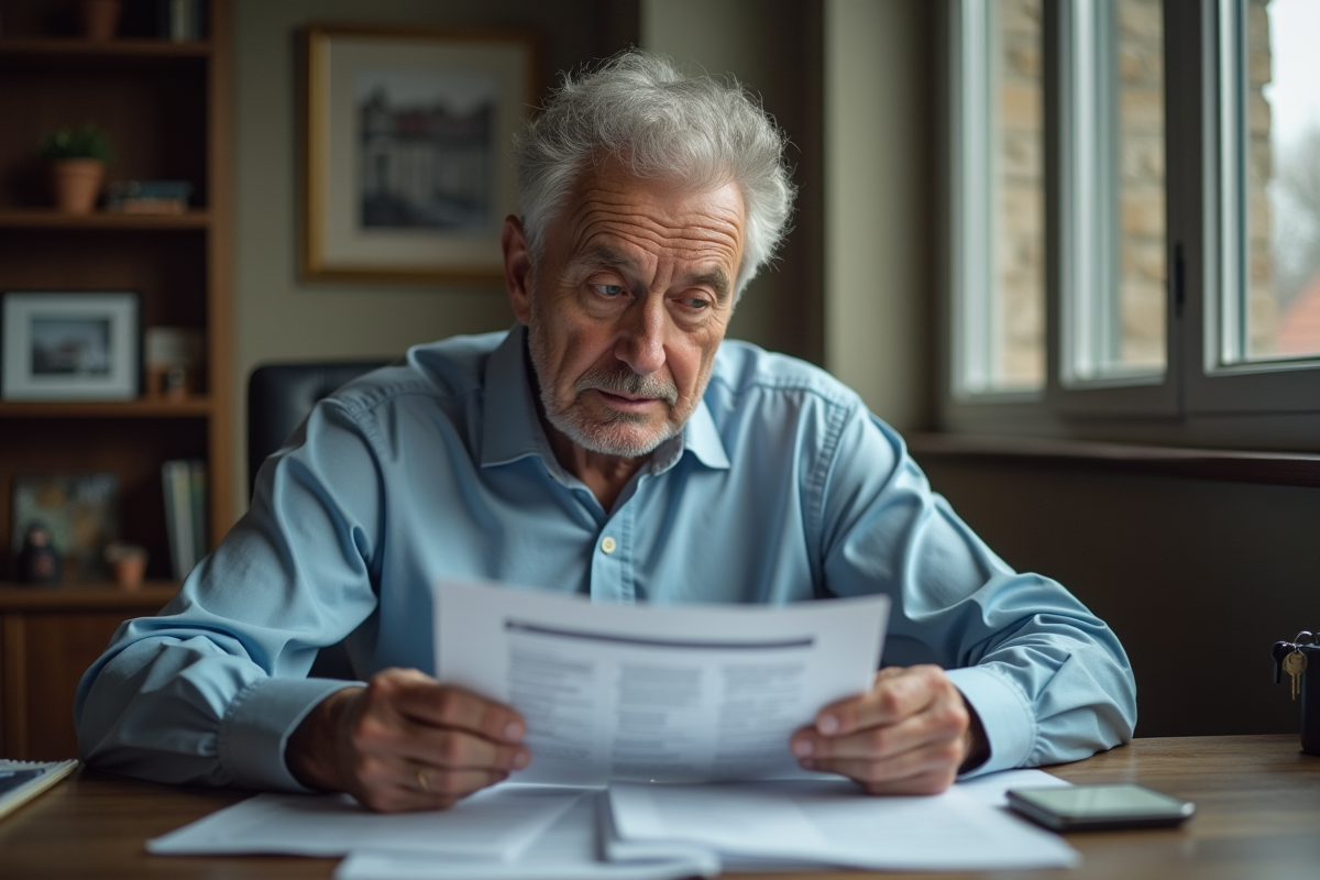 Un homme âgé examine des formulaires de taxes foncières dans son appartement