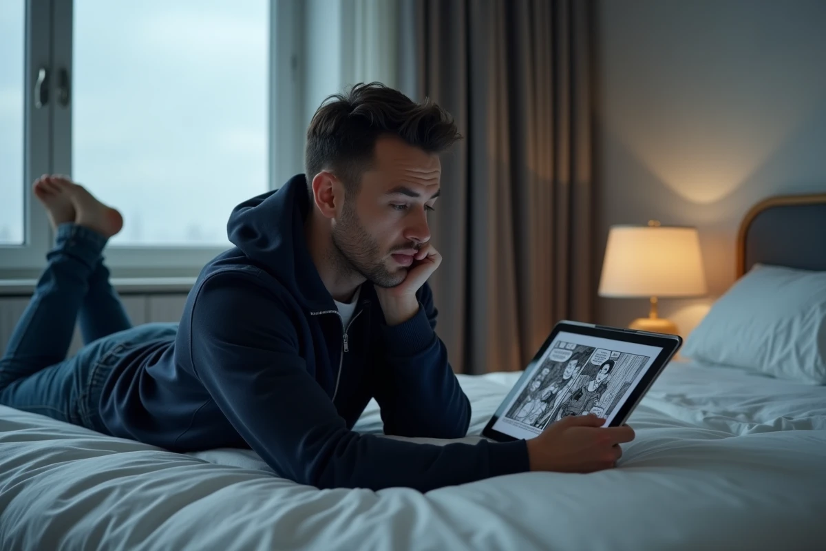 Homme adulte allongé sur un lit lisant des scans de manga sur une tablette avec des panneaux noir et blanc visibles à l'écran