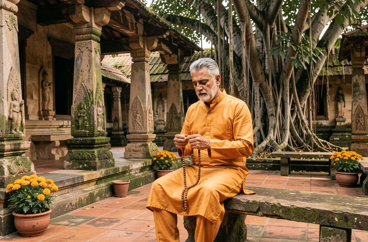 Homme âgé pratiquant la récitation d'un mantra avec un chapelet mala dans une cour de temple traditionnel en pierre