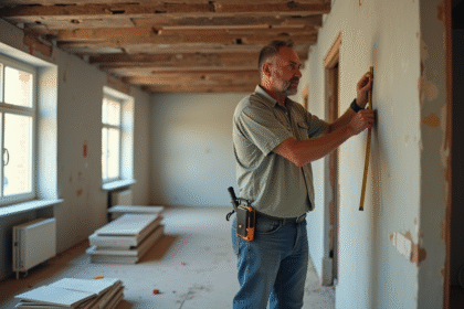 Homme mesurant un mur dans une rénovation intérieure