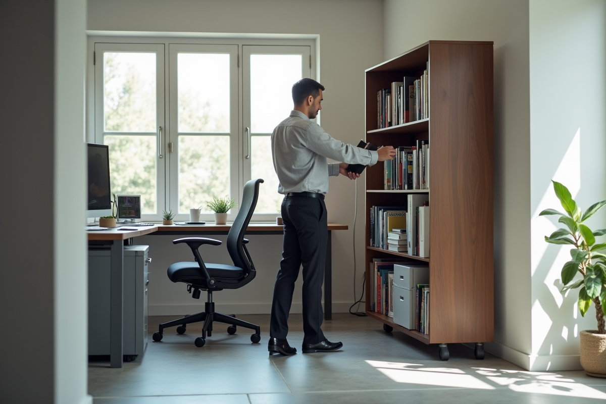 Homme arrangeant des livres dans un bureau lumineux et fonctionnel