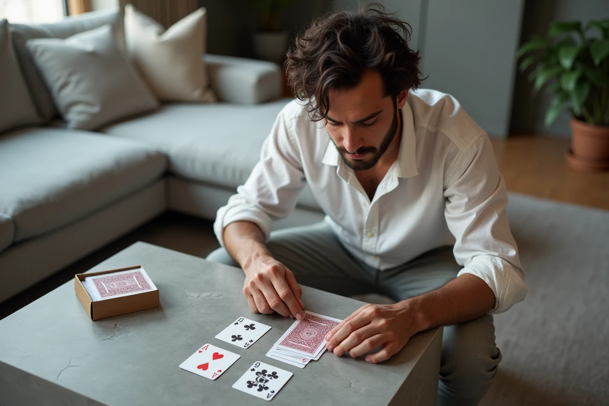 Homme disposant les cartes pour préparer une partie de Crapette sur une table basse dans un salon moderne