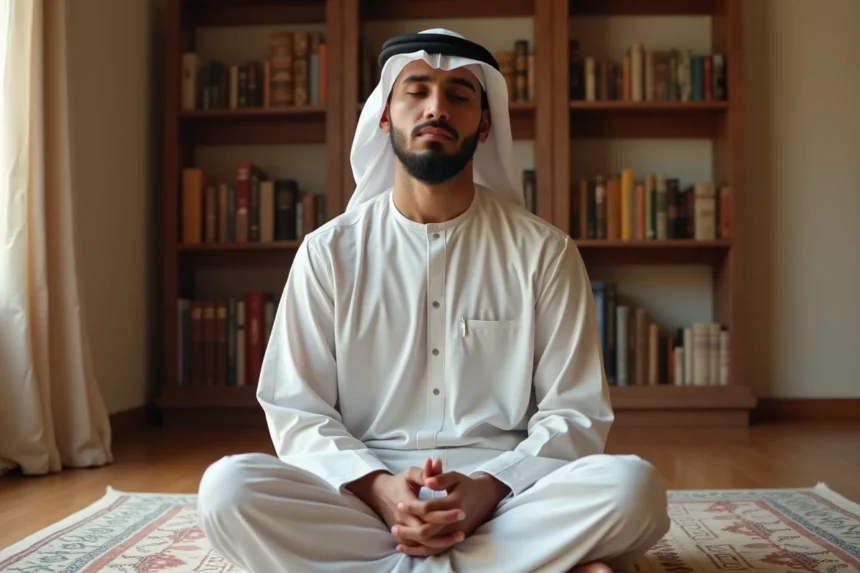 Homme musulman en prière de l'istikhara sur un tapis de prière chez lui, mains levées en supplication, atmosphère de recueillement et de sérénité