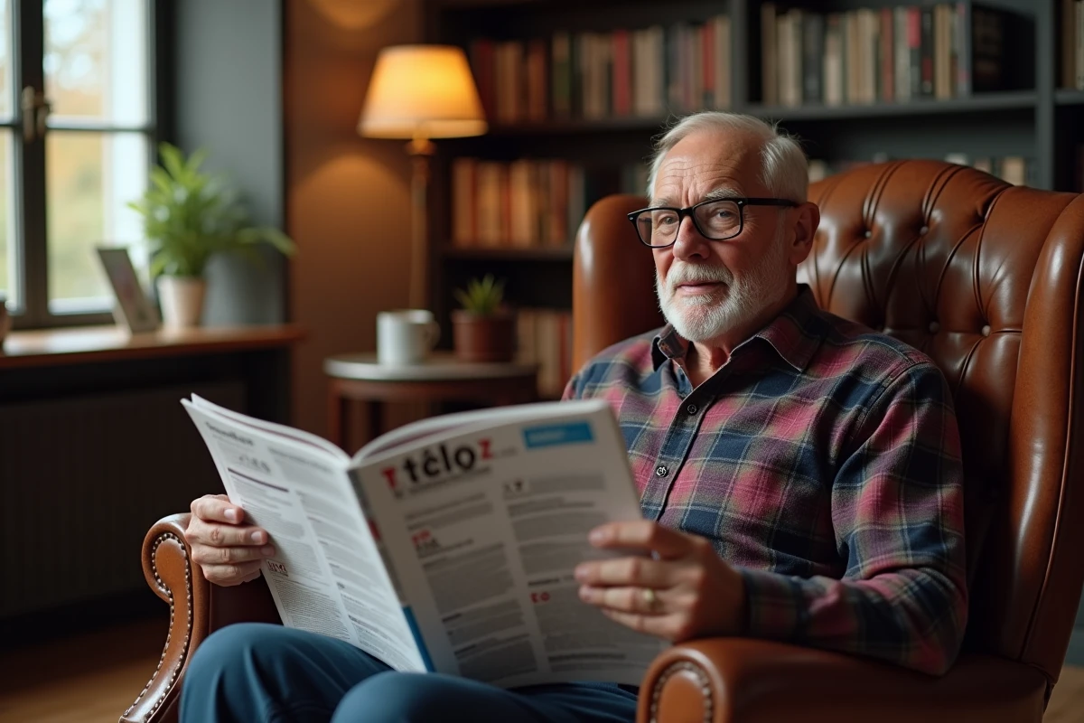 Homme âgé lisant un programme télé imprimé dans un fauteuil confortable avec ses lunettes de lecture
