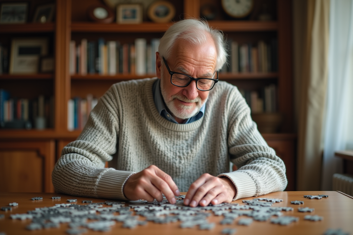 Homme âgé assemblant un puzzle dans un intérieur chaleureux