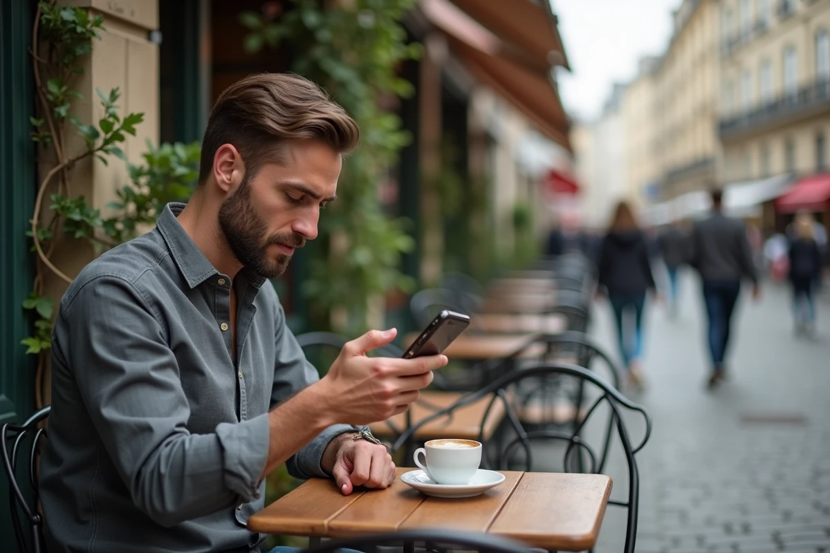 Homme consultant son téléphone affichant 12h12 dans un café parisien, synchronicité et heure miroir