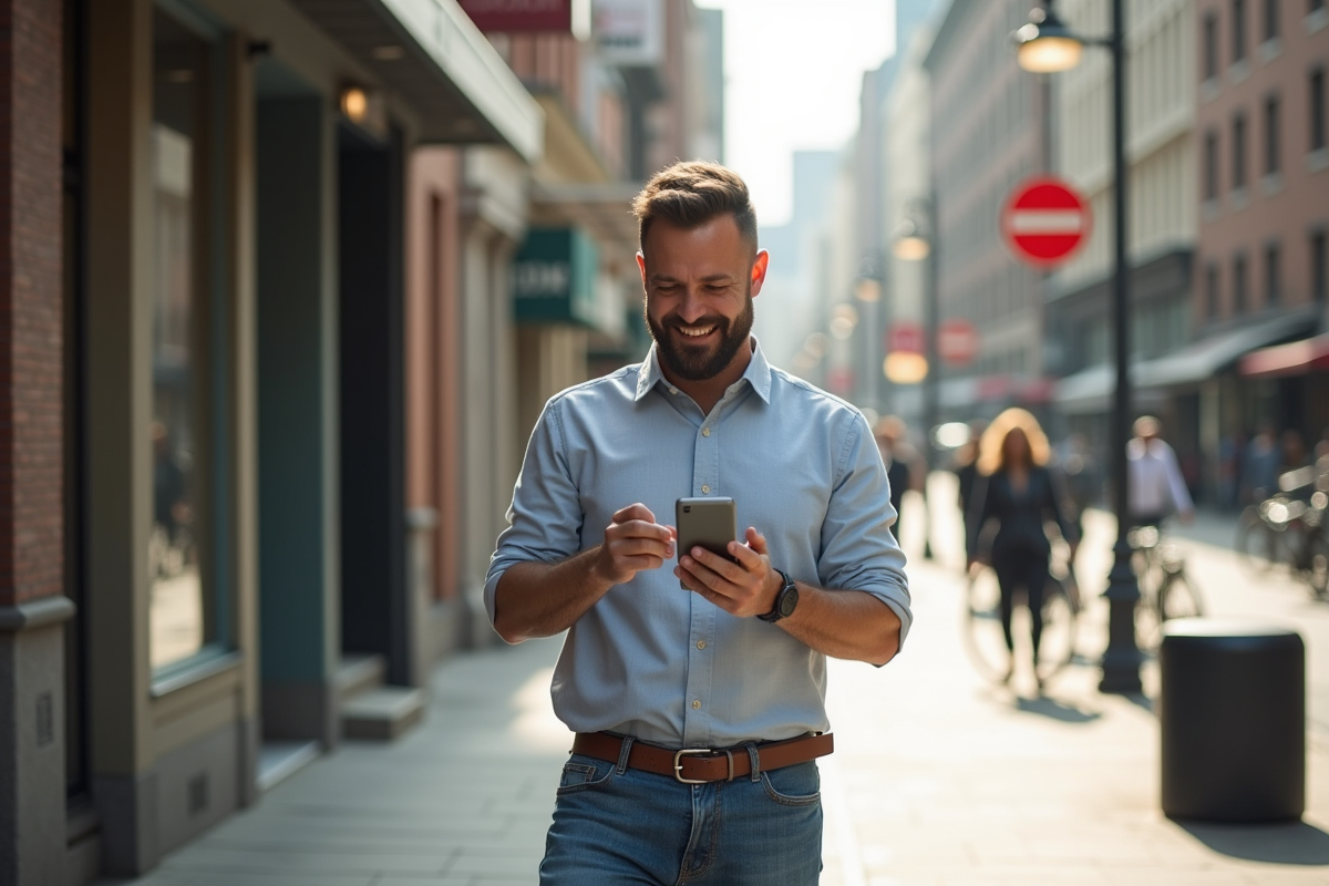 Homme surpris utilisant son smartphone dans la rue urbaine