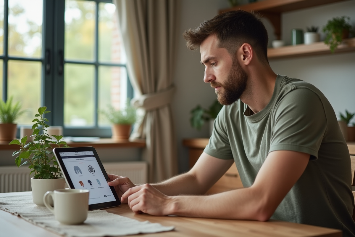 Homme regardant un site de vêtements éthiques sur une tablette