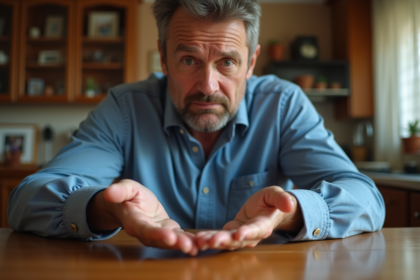 Homme d'âge moyen appuyant sa main sur une table en bois