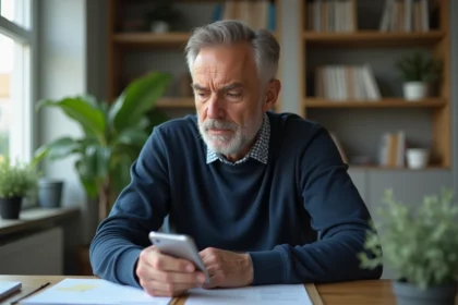 Homme d'âge moyen utilisant un téléphone fixe dans un salon