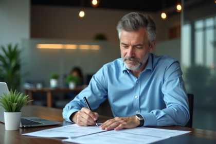 Homme d'âge moyen remplissant un formulaire de transfert international