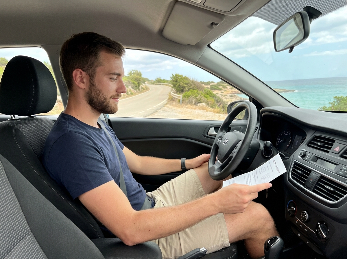 Jeune homme vérifiant le tableau de bord dans une voiture