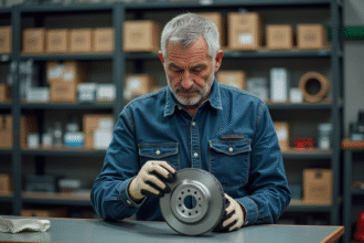 Homme d'âge moyen inspectant un disque de frein dans un atelier auto