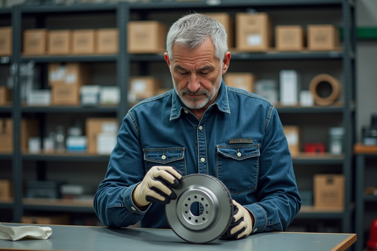 Homme d'âge moyen inspectant un disque de frein dans un atelier auto