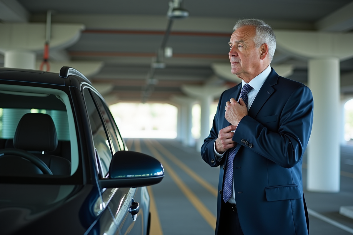 Homme d affaires verrouillant son SUV en parking
