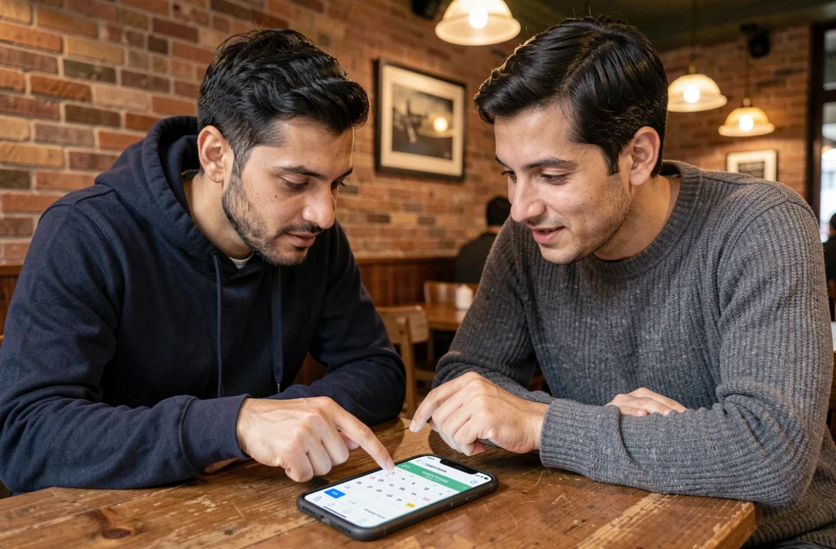 Deux amis musulmans consultant ensemble l'application horaire du Ramadan Lyon 2026 dans un café lyonnais
