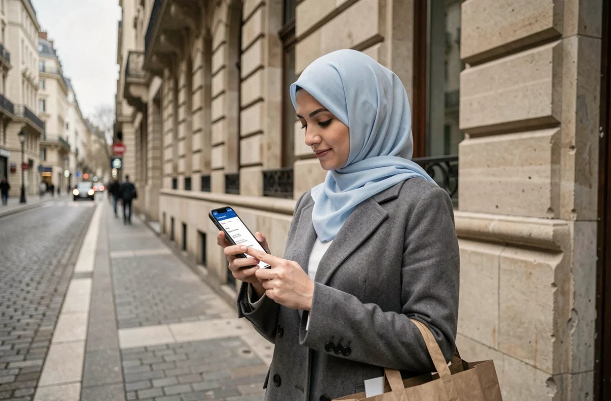 Femme portant le hijab vérifiant l'horaire du Ramadan sur smartphone dans une rue de Lyon
