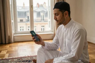 Jeune homme musulman consultant l'horaire du Ramadan Lyon sur son smartphone dans un appartement lyonnais en 2026