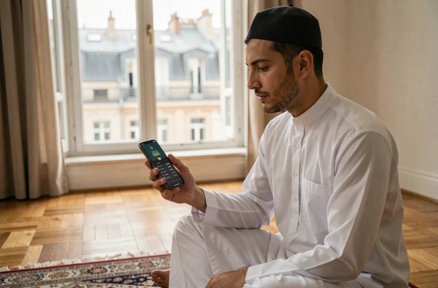 Jeune homme musulman consultant l'horaire du Ramadan Lyon sur son smartphone dans un appartement lyonnais en 2026
