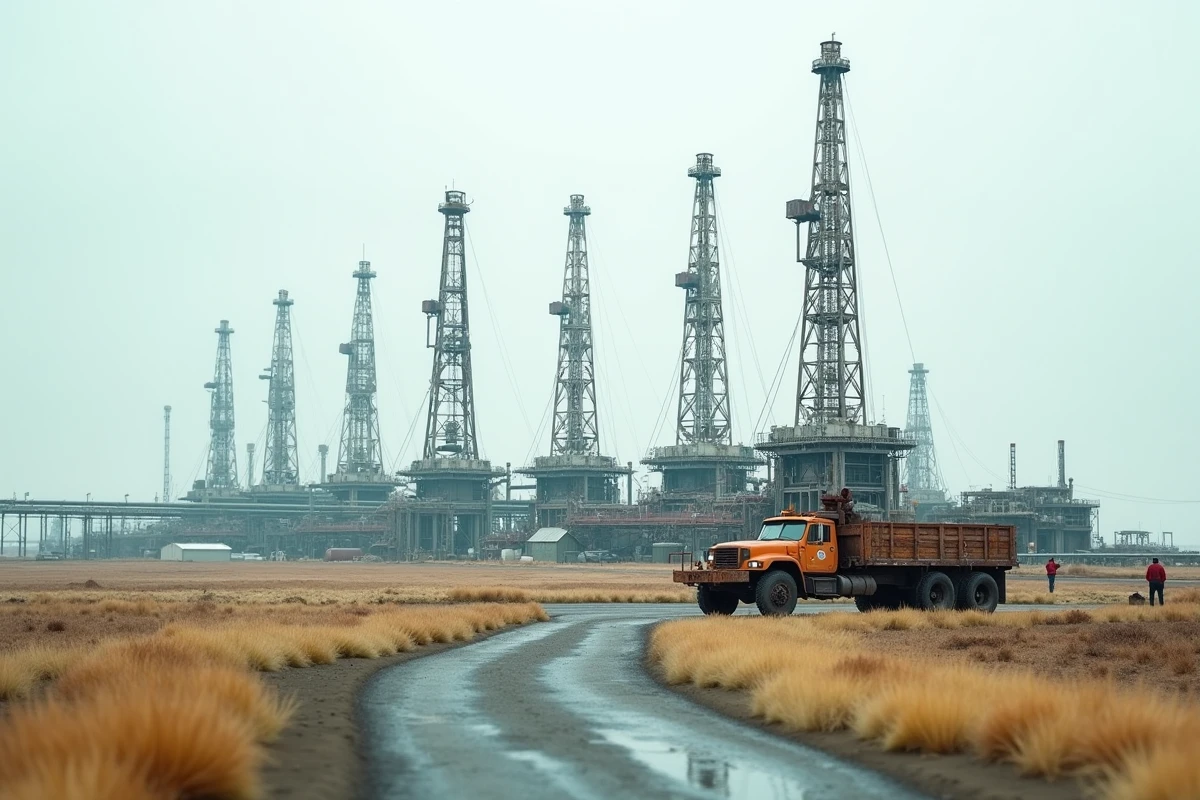 Installation pétrolière industrielle en Sibérie occidentale avec derricks et pipelines sur fond de toundra illustrant les ressources naturelles de la Russie