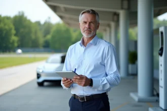 Ingénieur homme devant voiture hydrogene en extérieur